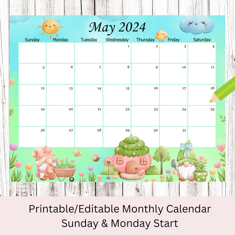 EDITABLE May 2024 Calendar, Cute Spring Gnomes Planner, Monthly Kids