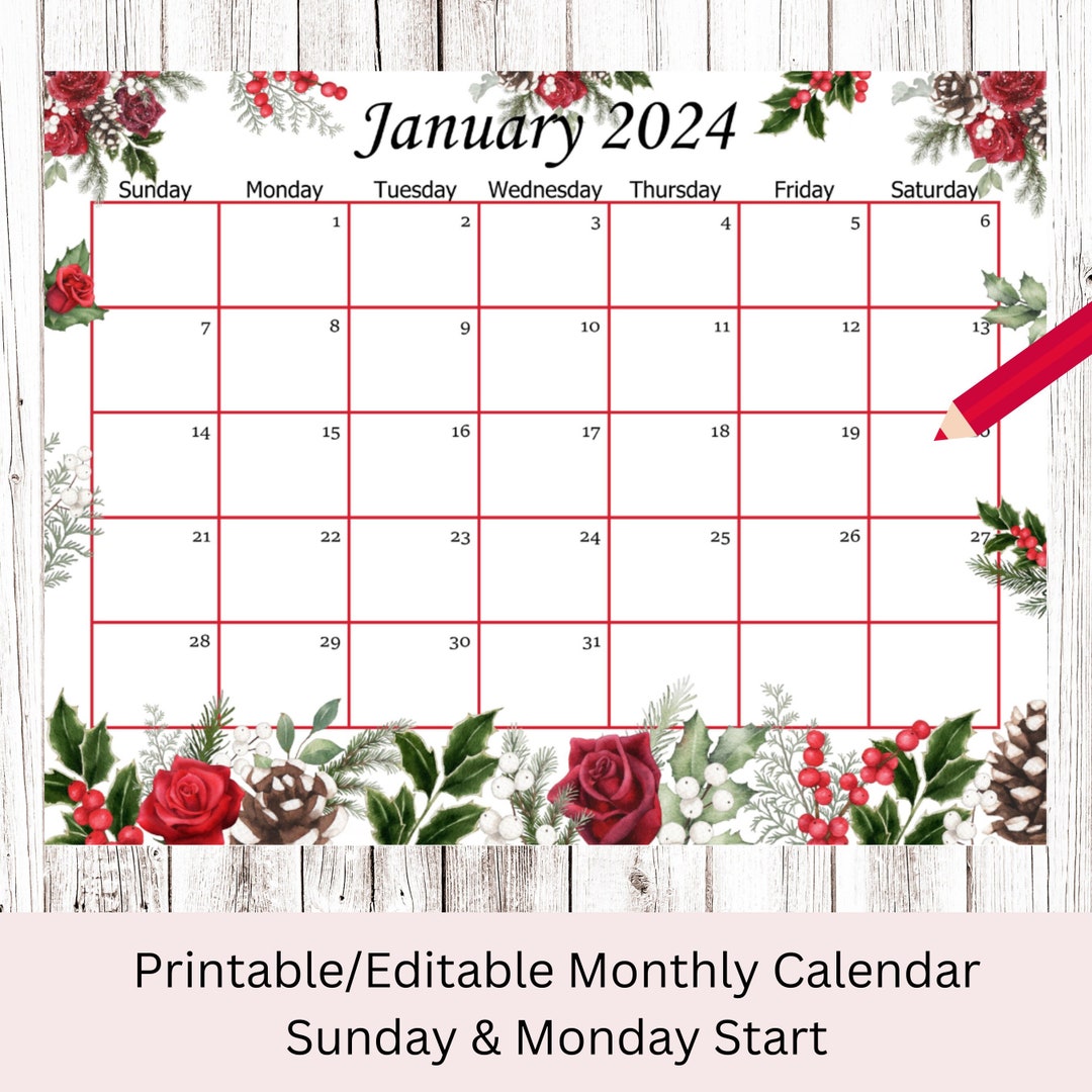 EDITABLE January 2024 Calendar, New Year Planner With Flowers
