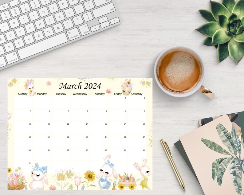 EDITABLE March 2024 Calendar, Easter Day Planner With Bunnies, Kids