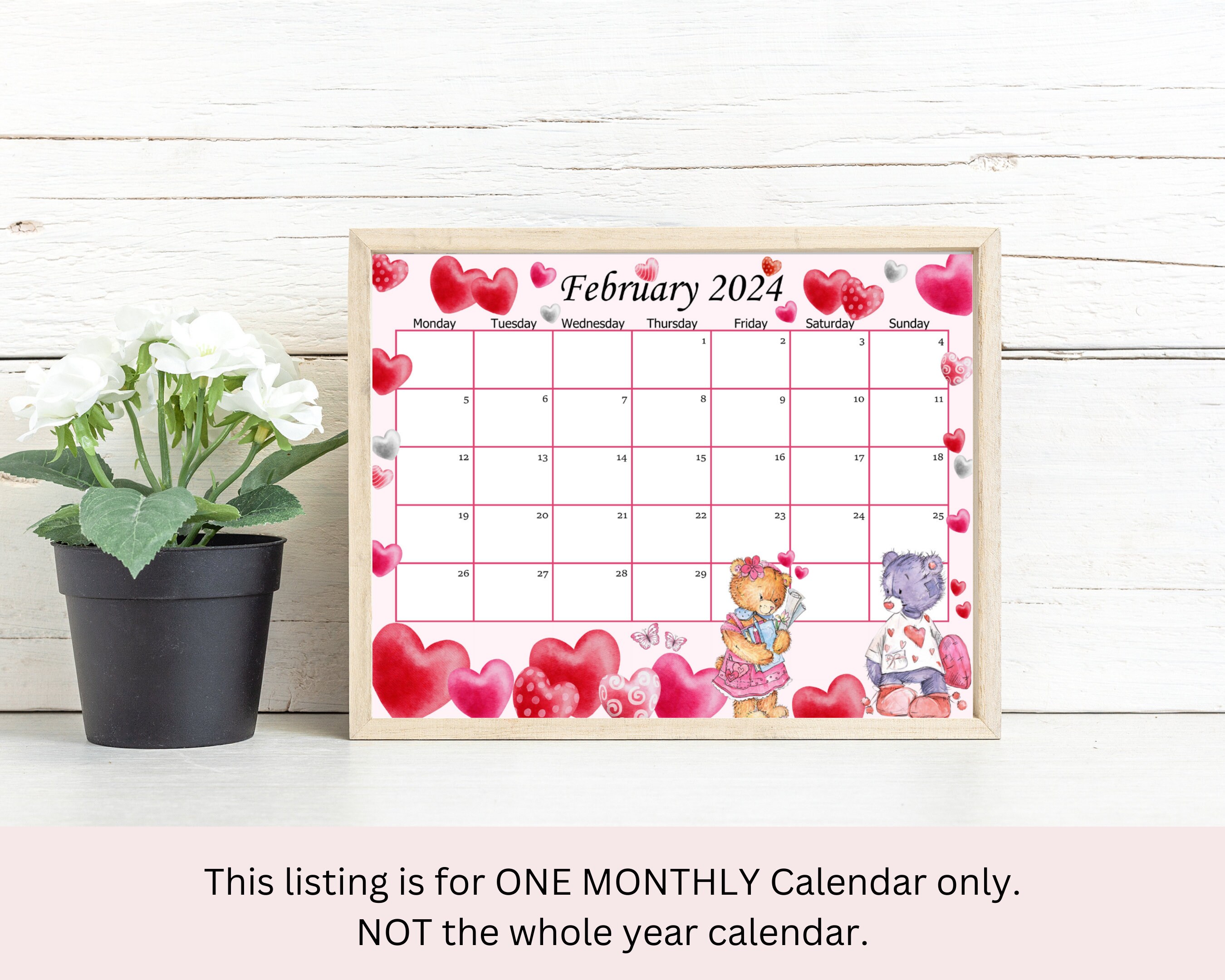 EDITABLE February 2024 Calendar, Cute Valentine Planner, Kids School
