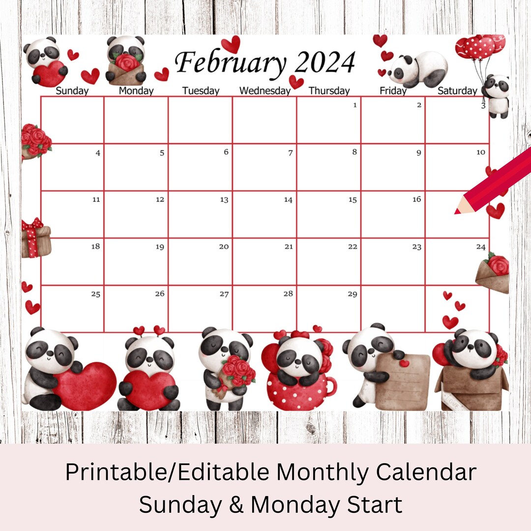 EDITABLE February 2024 Calendar, Cute Valentine Planner, Kids School
