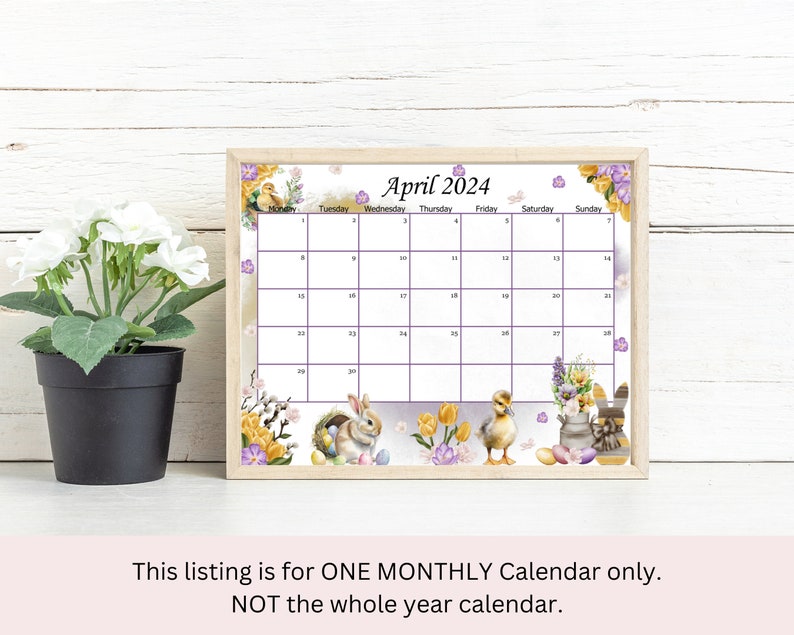 EDITABLE April 2024 Calendar, Beautiful Easter Day Planner, Kids School