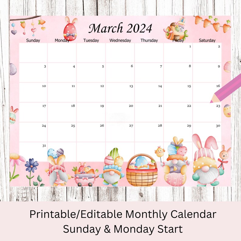 EDITABLE March 2024 Calendar, Easter Day Gnomes Planner, Kids School