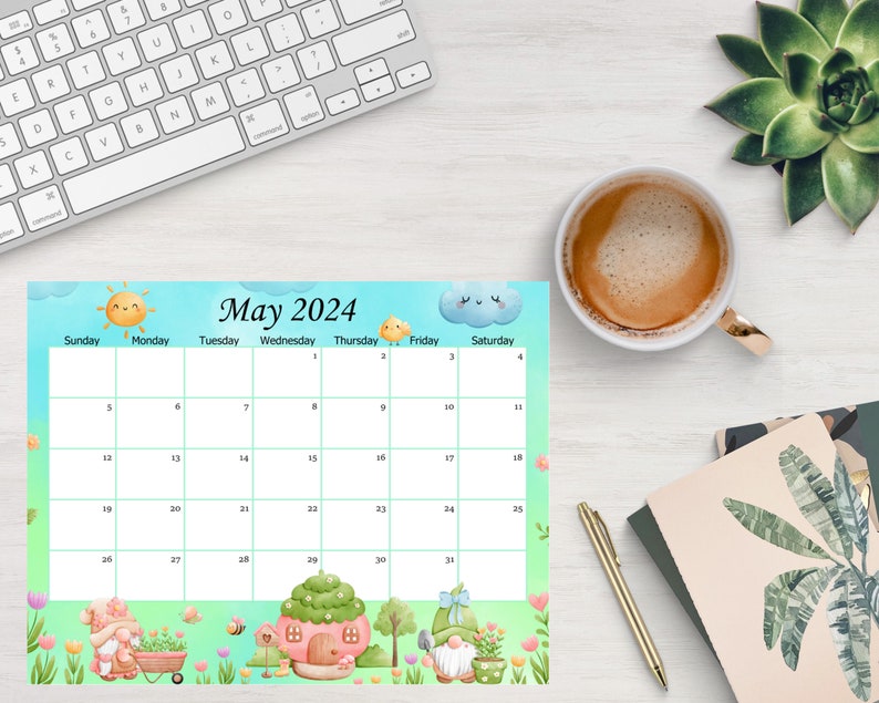 EDITABLE May 2024 Calendar, Cute Spring Gnomes Planner, Monthly Kids