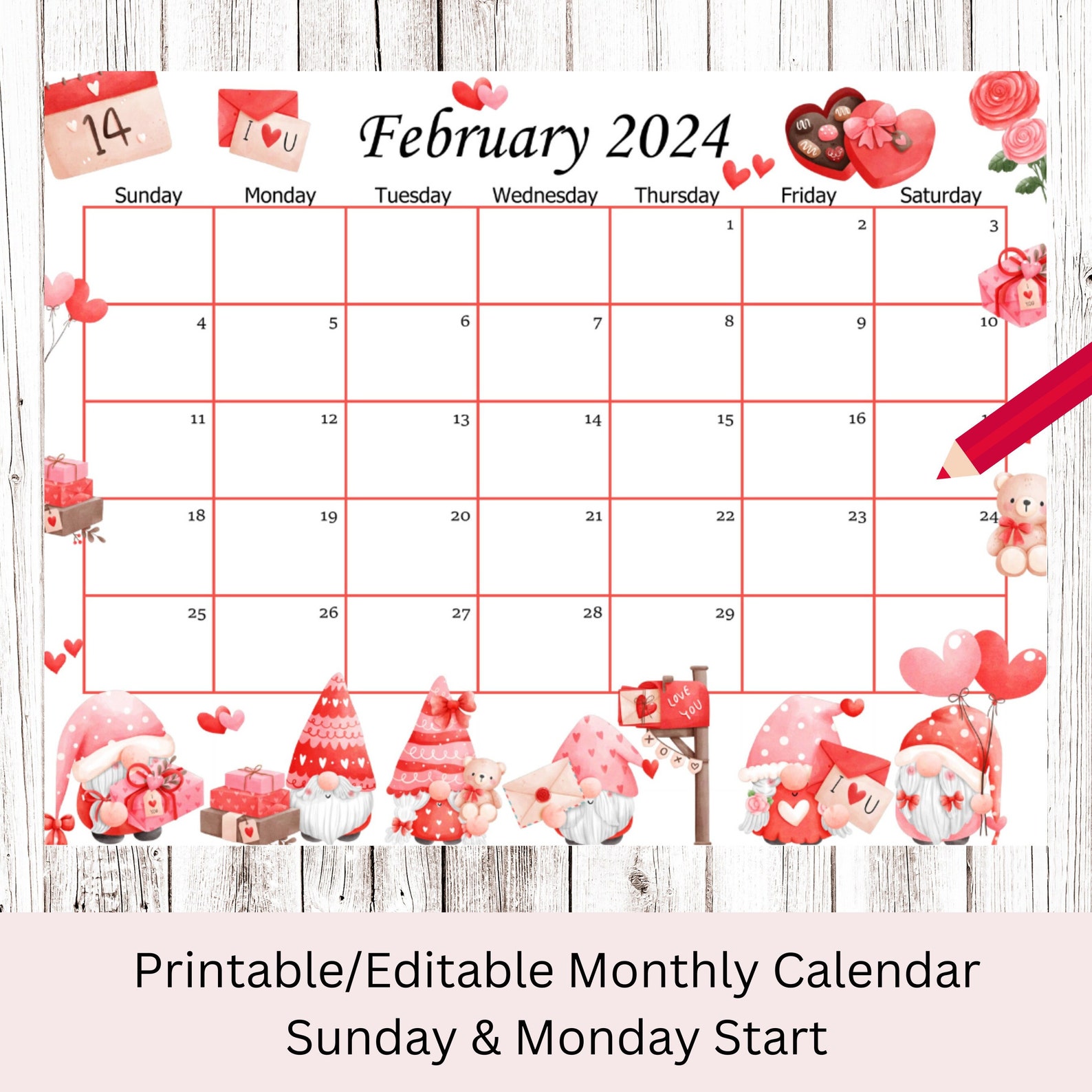 EDITABLE February 2024 Calendar, Cute Valentine Gnomes Planner, Kids