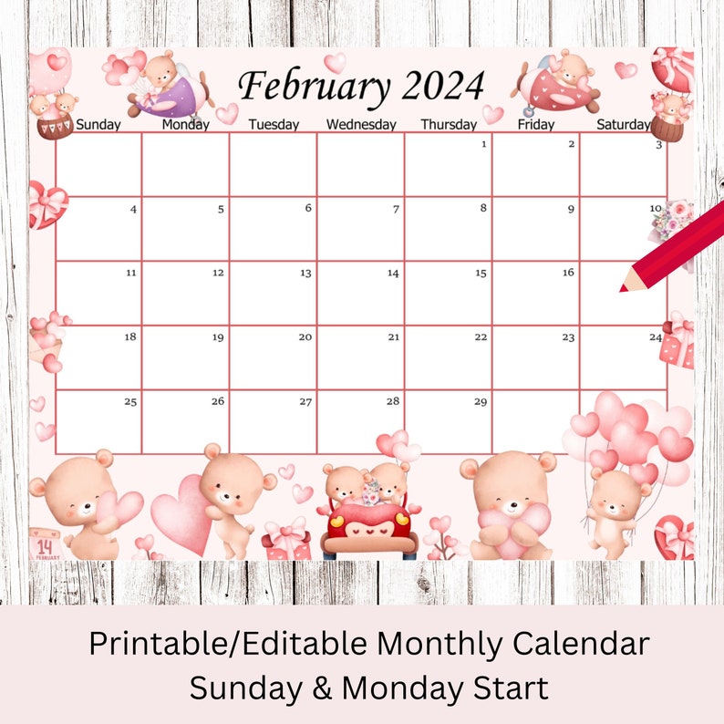 EDITABLE February 2024 Calendar, Cute Valentine Planner, Kids School ...