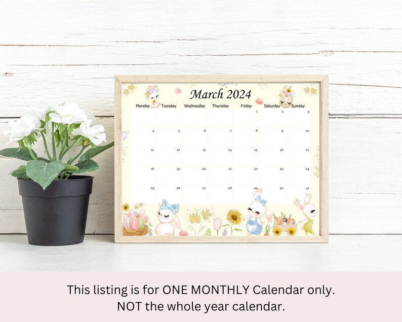 EDITABLE March 2024 Calendar, Easter Day Planner With Bunnies, Kids