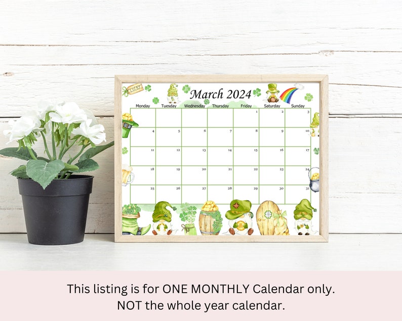 EDITABLE March 2024 Calendar, St. Patrick's Day Gnome Planner, Kids