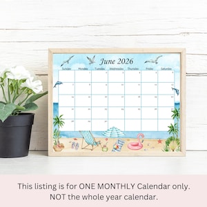 May include: A framed June 2026 calendar with a beach theme. The calendar features illustrations of seagulls, dolphins, palm trees, and beach accessories. A potted plant with white flowers sits to the left of the calendar.