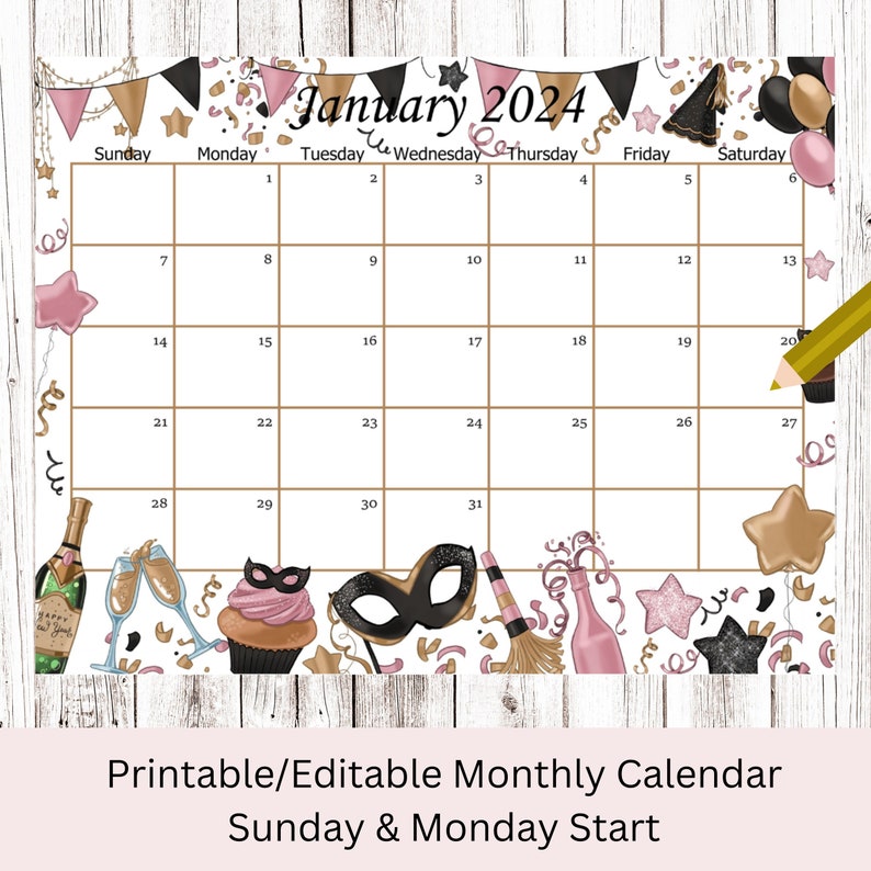 EDITABLE January 2024 Calendar, New Year Planner, Printable Monthly