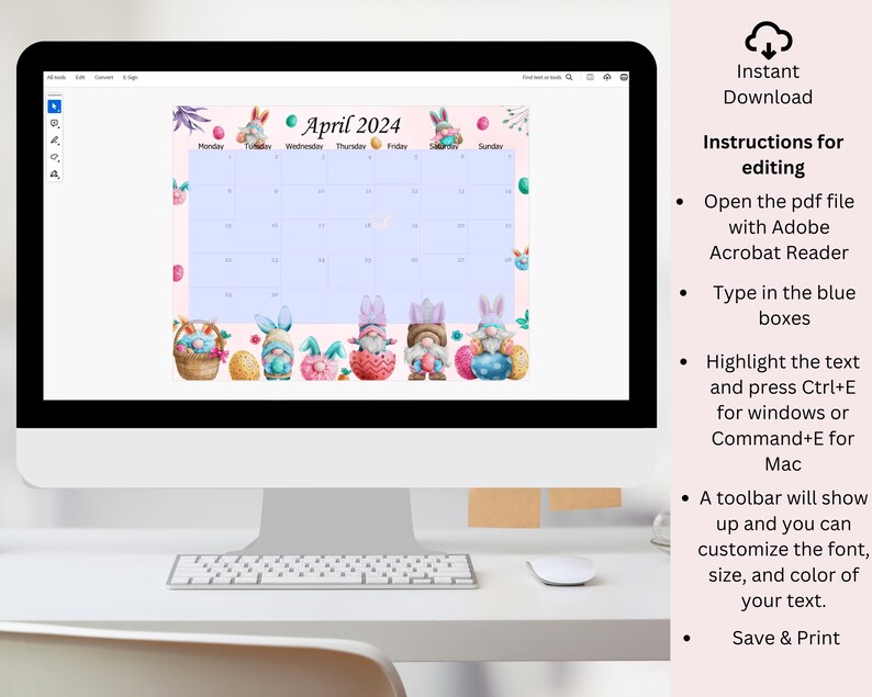EDITABLE April 2024 Calendar, Easter Day Gnomes Planner, Kids School