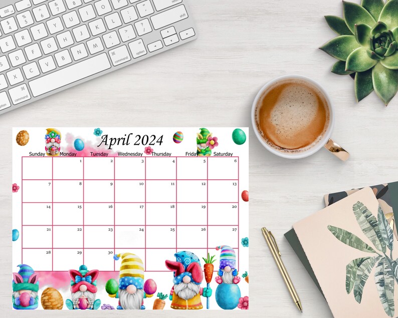EDITABLE April 2024 Calendar, Easter Day Gnomes Planner, Kids School