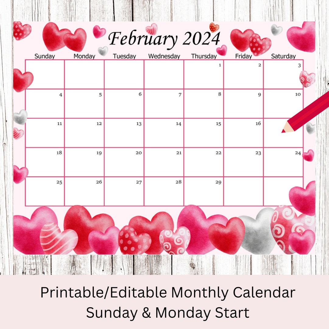 EDITABLE February 2024 Calendar, Valentine Planner With Hearts