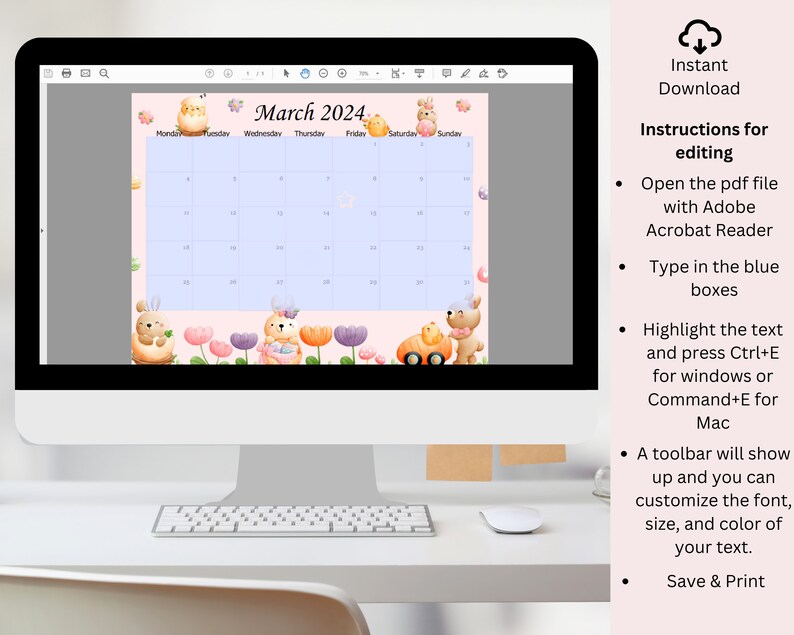 EDITABLE March 2024 Calendar, Cute Easter Day Planner, Kids School