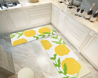 Fresh Lemon Leaves PVC Kitchen Runner Rug, Lemon mats, Floral Non-Slip Anti Fatigue Standing Mat, Comfort Floor Mat for Kitchen Laundry