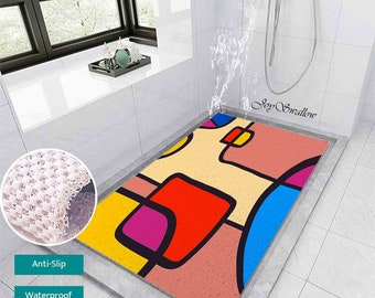 Abstract Colorful Geometrical Blocks PVC Coil Bathtub Mat, Colorful Shower Rugs, Geometrical Anti Skid Bathmat, Drainable Rug for Bathroom