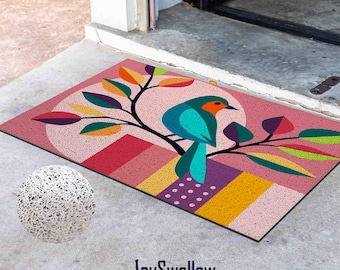 Personalized Door Mat, Cute Bird and Sun Doormat, PVC Coil Mat,  Leaves Indoor Rug, Anti-Skid Mat, Animal Entrance Rug Outdoor, Entryway Rug
