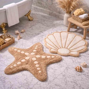 Coastal Starfish & Seashell Bath Mat Set, Plush Tufted Bathroom Rug, Ocean Inspired Non Slip Soft Rug