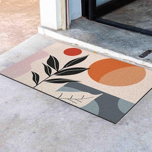 Personalized Door Mat, Geometrical Sun and Plant Doormat, PVC Coil Mat, Floral Indoor Rug, Anti-Skid Mat, Entrance Rug Outdoor, Entryway Rug