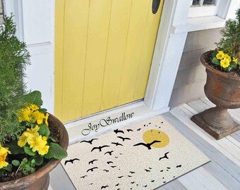 Personalized Doormat, Celestial Moon Flying Birds PVC Coil Mat, Modern Indoor Rug, AntiSkid Entrance Mat, Entrance Rug Outdoor, Entryway Mat