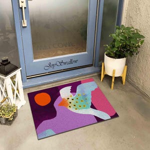 Personalized Doormat, Abstract Bird PVC Coil Mat, Modern Indoor Rug, Anti-Skid Entrance Mat, Mountain Entrance Rug Outdoor, Sun Entryway Mat