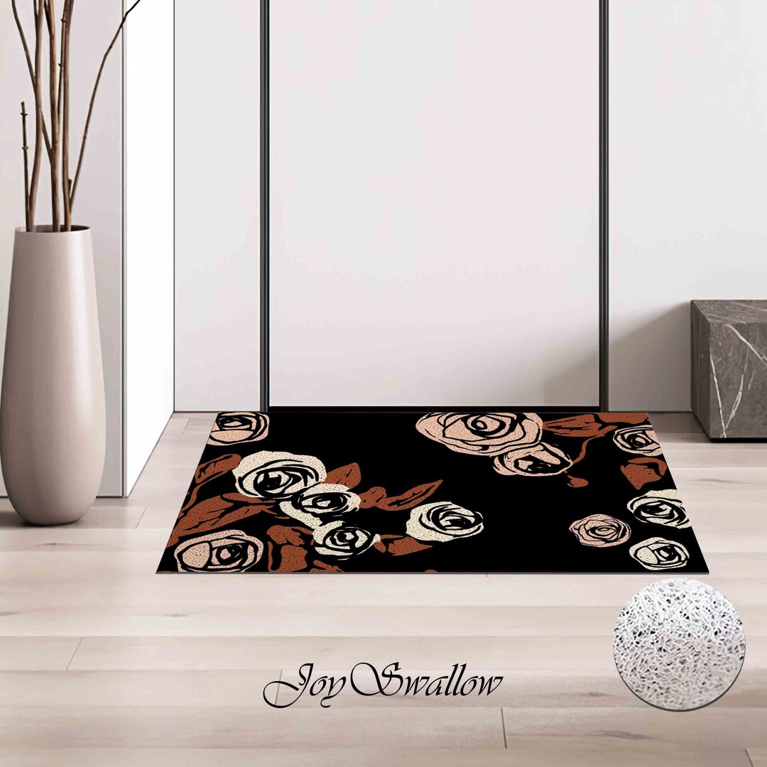 Pink Rose Black Ground PVC Coil Door Mats, Flower Door Rugs for Indoor ...