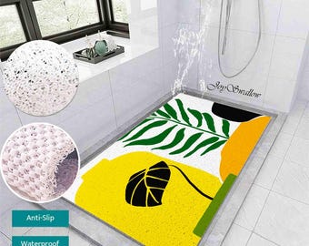 Personalized Bathtub Mat, Leaves and Vases Rug, PVC Coil Tub Mat, Modern Shower Rug, Geometrical Anti-Skid Bathmat, Drainable Rug