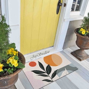 Personalized Door Mat, Geometrical Sun and Plant Doormat, PVC Coil Mat, Floral Indoor Rug, Anti-Skid Mat, Entrance Rug Outdoor, Entryway Rug