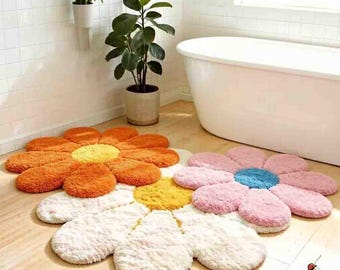 Funky Daisy Tufted Bathmat, Y2K Colorful Yarn Dye Fluffy Rug