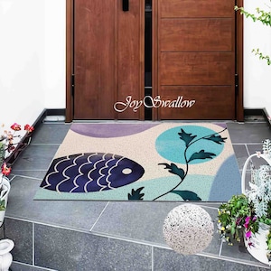 Personalized Door Mat, Fish and Wave Doormat, PVC Coil Mat, Geometrical Indoor Rug, Anti-Skid Mat, Leaves Entrance Rug Outdoor, Entryway Rug