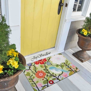 Flowers Garden and Birds PVC Coil Door Mat, Floral Door Rug for Indoor, Anti-Skid Entrance Mat, Entrance Rug for Outdoor, Entryway rug