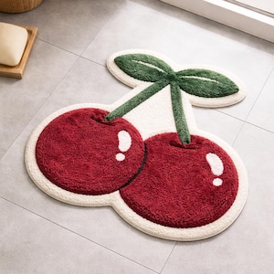 Tappetino da bagno INS a forma di ciliegia, tappeto da bagno trapuntato bordeaux e verde scuro