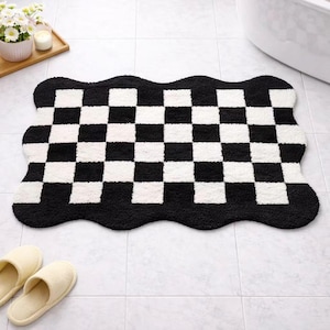 Modern Black White Checkered Velvety Bath Mat - Soft and Plush Non-Slip Tufted Bathroom Rug