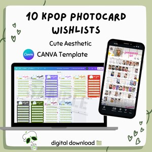 Peut inclure: Un modèle numérique pour 10 listes de souhaits de cartes photo KPOP. L'image montre un ordinateur portable affichant le modèle, un smartphone avec un affichage de cartes photo et le texte "Cute Aesthetic" et "CANVA Template". Les mots "digital download" sont également visibles.