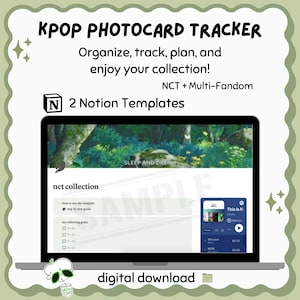 May include: A digital download graphic with the text "KPOP PHOTOCARD TRACKER" and "2 Notion Templates." The image shows a laptop displaying a Notion template for organizing a KPOP photocard collection. The template includes sections for tracking and planning.