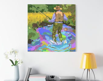 Könnte beinhalten: Ein Gemälde einer Person mit Hut, die in einem Bach angelt. Das Wasser ist in leuchtenden Blautönen, Grüntönen und Violetttönen gehalten. Die Person steht im Wasser und hält eine Angelrute.