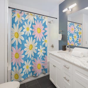 Retro Daisy Shower Curtain, Blush Pink and Blue Bohemian, Floral Bathroom Decor, Cottagecore Modern Farmhouse, Colorful Retro Style