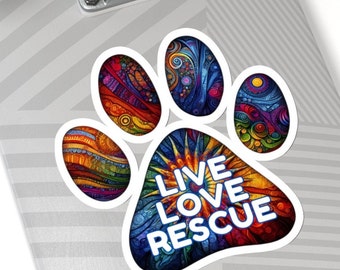 Live Love Rescue Dog Paw Sticker, Colorful Vinyl Decal