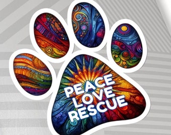 Peace Love Rescue Dog Paw Sticker, Colorful Vinyl Decal