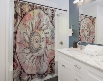 Celestial Sun and Moon Mandala Shower Curtain, Boho Bathroom Decor