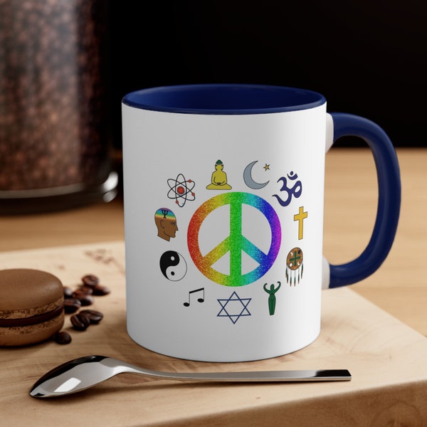Peace and Love Coffee Mug, World Peace Religious Freedom Cup, Interfaith Peace Symbol, 11oz - Colored Interior/Handle