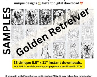 May include: A digital download of a Golden Retriever coloring book with 18 unique designs. The black and white illustrations are 21.59 cm x 27.94 cm. The image includes the text "Golden Retriever" and "ProsperousArtCo.etsy.com", promoting the Etsy shop.