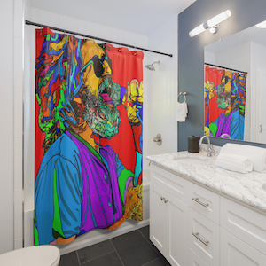 Psychedelic Rock Star Portrait Shower Curtain, Trippy Bathroom Decor, Groovy Pattern, Hippy Music Theme, Shower Curtain Decor