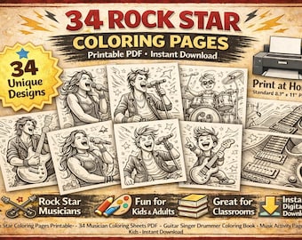 Desenhos para colorir de estrelas do rock para imprimir – 34 páginas para colorir de músicos em PDF – Livro de colorir de guitarristas, cantores e bateristas – Páginas de atividades musicais para crianças