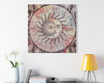 Mandala Słońca i Księżyca na płótnie: Boho, niebiański wystrój domu