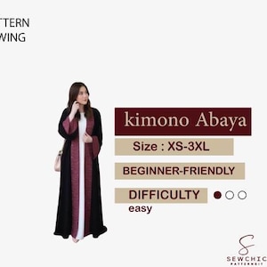 Peut inclure: Un kimono abaya noir avec des accents bordeaux et blancs. Le patron est adapté aux débutants et disponible en tailles XS-3XL. L'image comprend également le texte "PATTERN SEWING" et "kimono Abaya".