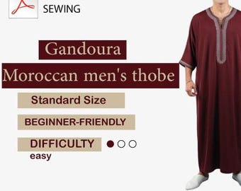 May include: A maroon Gandoura Moroccan thobe is shown, a traditional garment. The image includes text indicating a beginner-friendly sewing pattern for a standard size. The difficulty level is marked as easy.