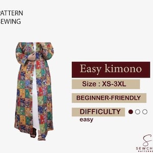 Peut inclure: Un kimono patchwork coloré à manches longues et une sous-couche blanche. L'image comprend le texte "Easy kimono" et "Beginner-friendly". La gamme de tailles est XS-3XL. Le niveau de difficulté est facile.