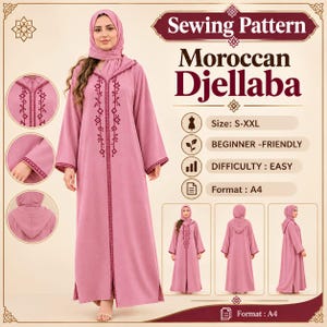 May include: A sewing pattern for a dusty rose Moroccan Djellaba featuring a hood and dark red embroidery along the front placket and sleeve cuffs. The text includes Sewing Pattern, Moroccan Djellaba, Size: S-XXL, Beginner-Friendly, Difficulty: Easy, and Format: A4.