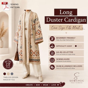 May include: A long duster cardigan sewing pattern featuring a cream base with geometric patterns in rust and blue. The text reads Long Duster Cardigan, One Size Fits Most, Beginner-Friendly, Difficulty: Easy, A4-A0-US Letter, Sewing Guide, and Seam Allowance Included.